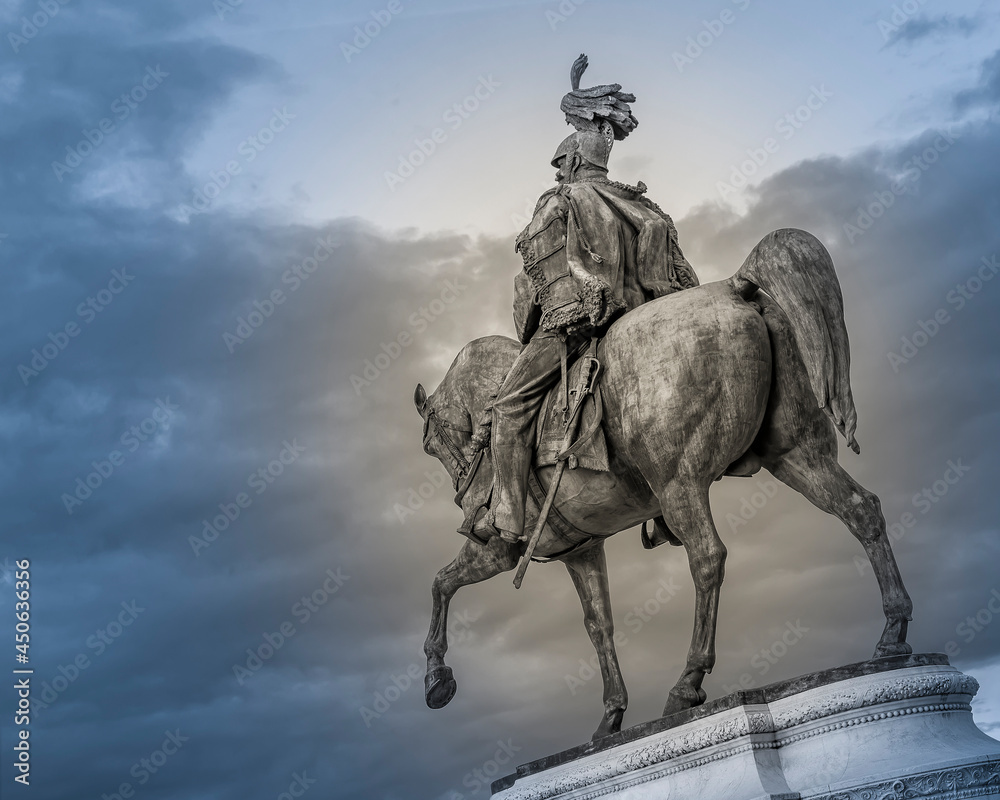 A view of Equestrian statue of Victor Emmanuel II at the Altare della Patria (Altar of the Fatherland)  in Rome, Italy 