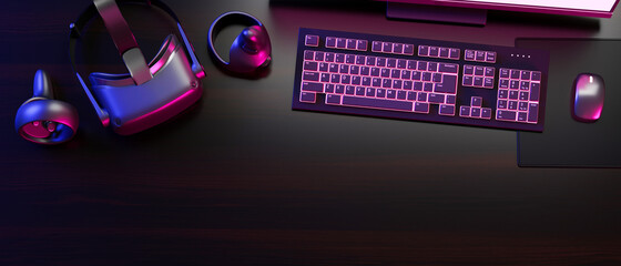 computer gaming with neon keyboard, virtual reality headset with joystick