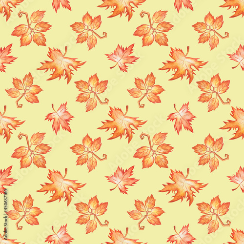 Watercolor seamless pattern with autumn leaves isolated on yellow background.Use for wrapping paper,textile,fabrics.