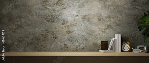 Wooden table with large copy space for your brands with rusty grey cement wall