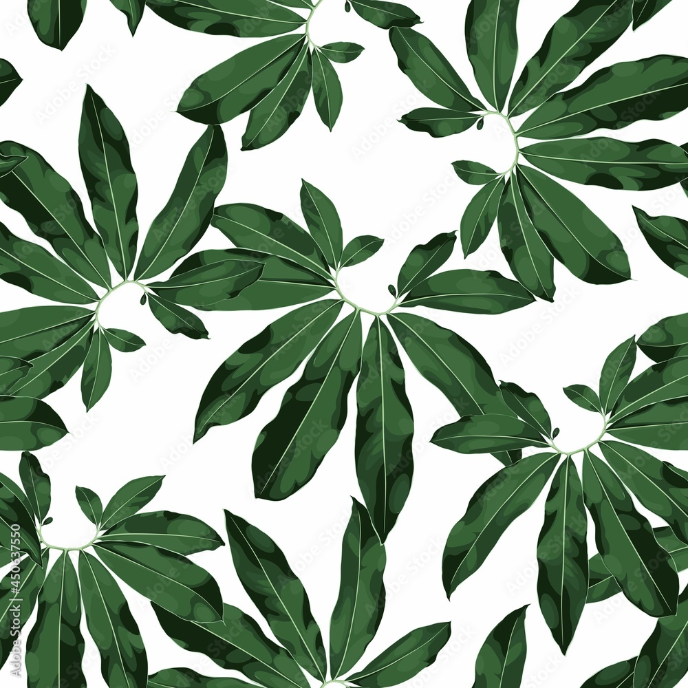 Exotic darkt green leaves seamless pattern on white background.	