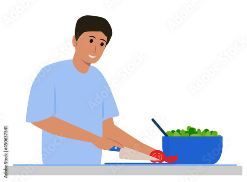 Man cooking in the kitchen  man in blue shirt  home party  prepare dinner  kettle  delicious  food  evening