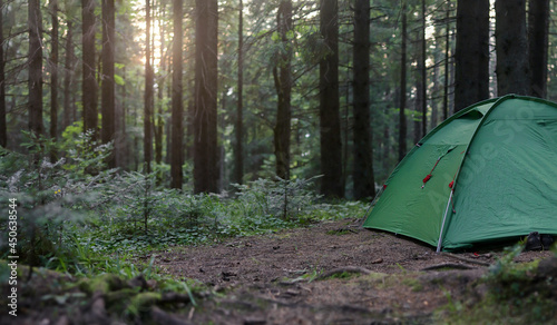 Tourist green tent in forest  at campsite on sunset. Camping background. Panoramic view of campsite  in dusk forest. Camping in nature park in summer. Adventure travel active lifestyle. Shallow DOF.