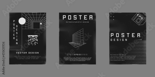 Set of retrofuturistic design posters. Cyberpunk 80s style posters with perspective grid tunnel, cube, and perspective lazer grids. Shabby scratched flyer design. Vector