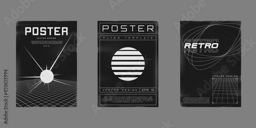 Set of retrofuturistic design posters. Cyberpunk 80s style posters with perspective grid with explod star, retrowave sun, and perspective lazer grids. Shabby scratched flyer design. Vector