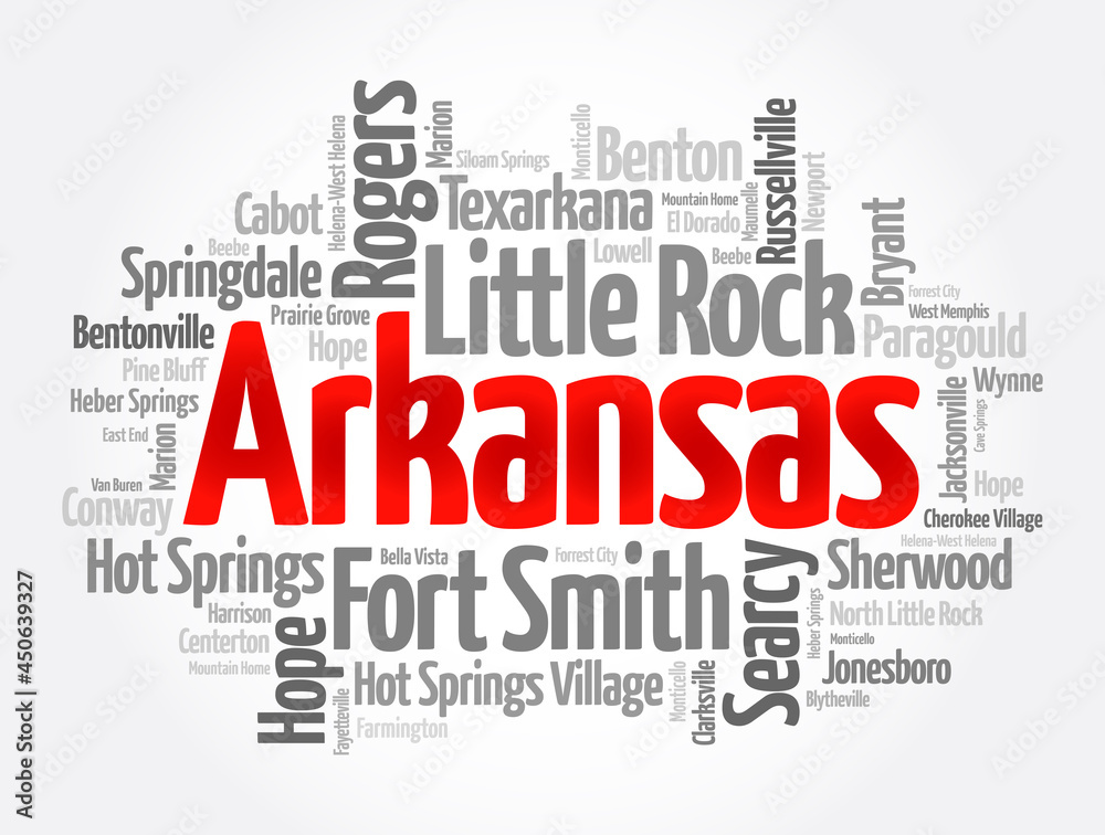 List of cities in Arkansas USA state, word cloud concept background