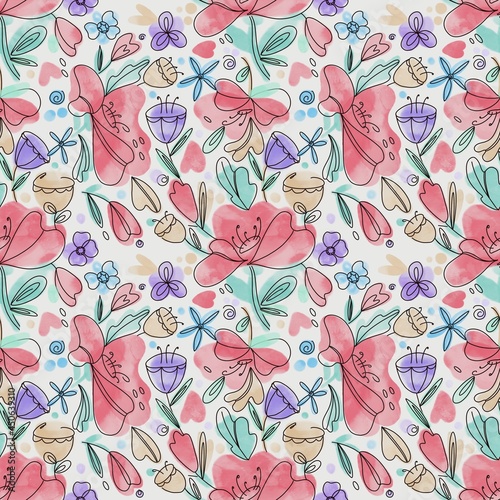 Floral seamless pattern on a light background leaves, flowers, elements of nature in watercolor digital technique. For packaging, website, fabric, wallpaper, textiles