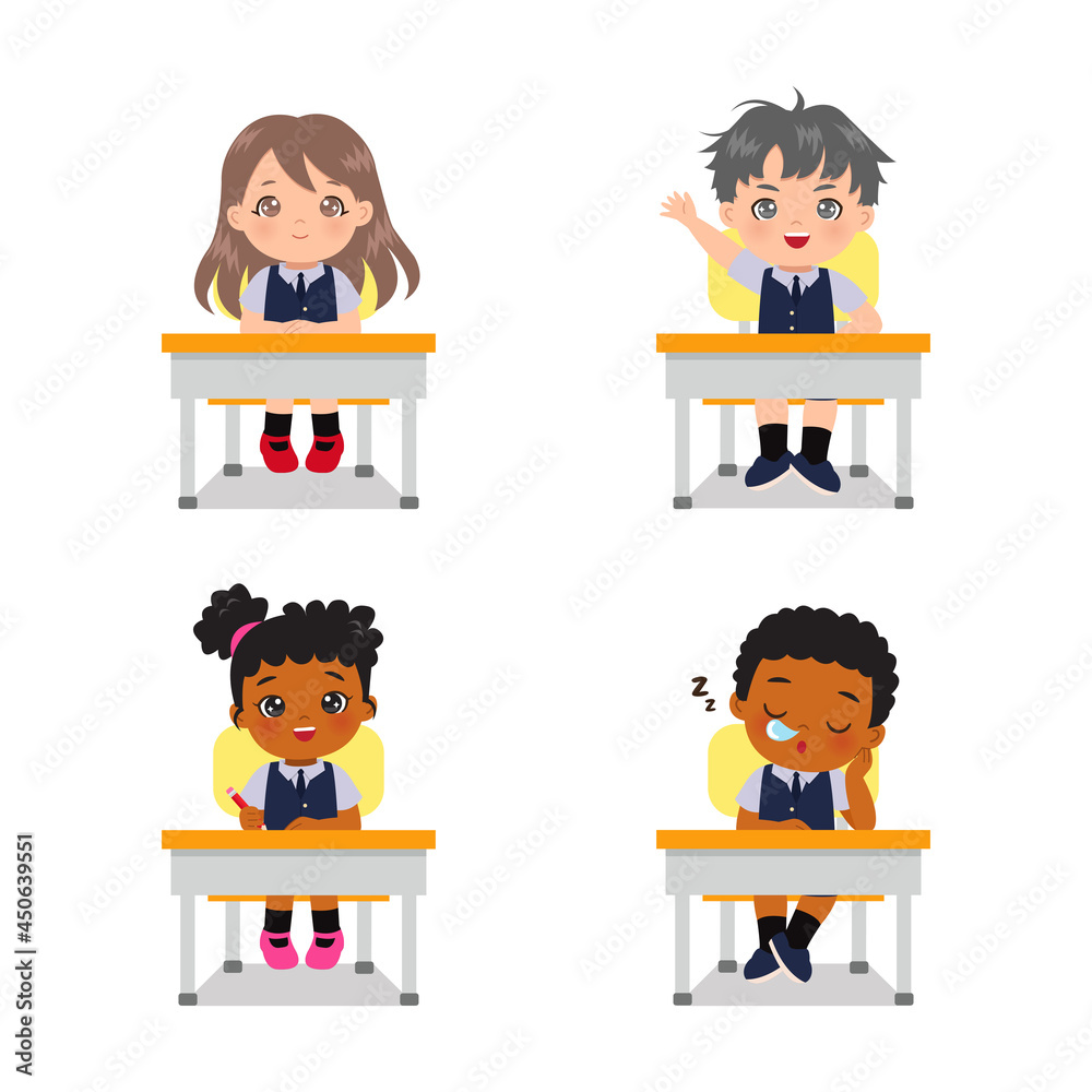 Cute boy and girl clip art in class room