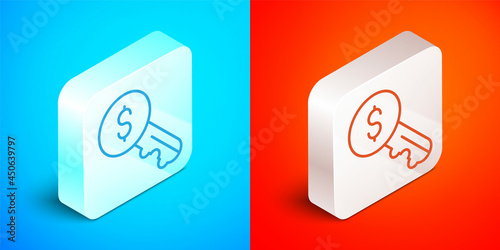Isometric line Rent key icon isolated on blue and red background. The concept of the house turnkey. Silver square button. Vector