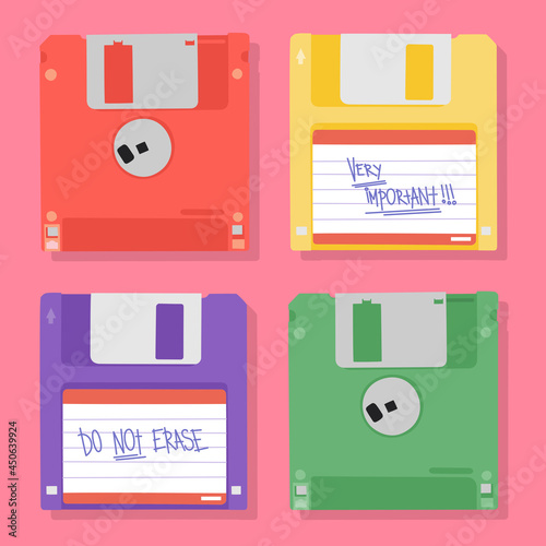 Set of four floppy disks with notes. Vector illustration
