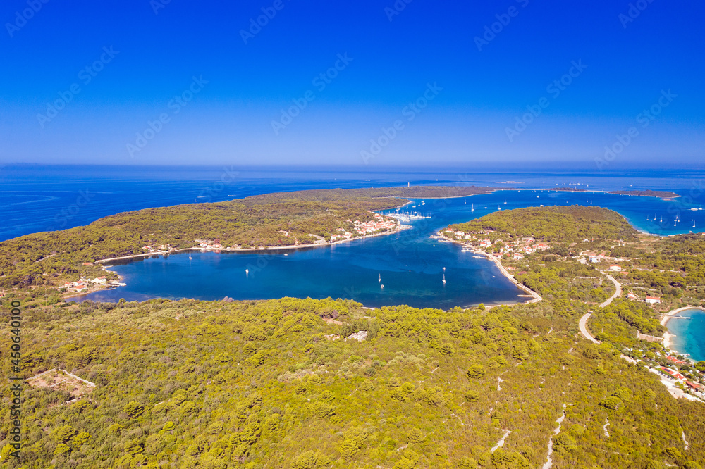 Aerial view of Veli Rat bay on the island of Dugi Otok on Adriatic sea in Croatia, beautiful seascape