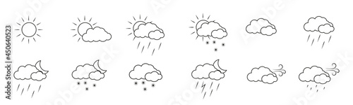 Weather icons pack. Colorful weather forecast design elements, perfect for mobile apps and widgets. Contains icons of the sun, clouds, snowflakes, wind, rain and more. Icons pack.