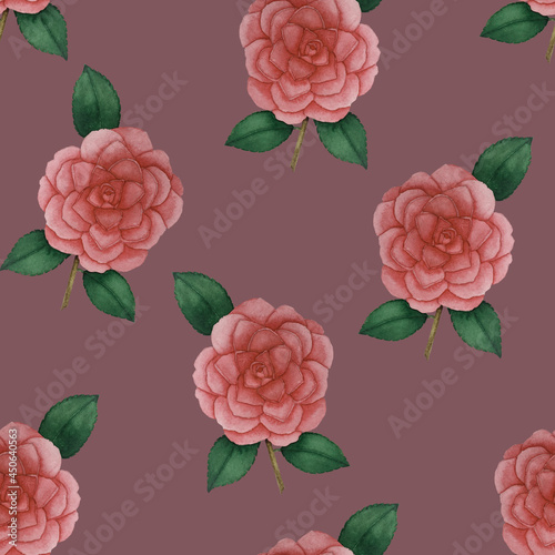Seamless pattern of red camellias on a dark pink background