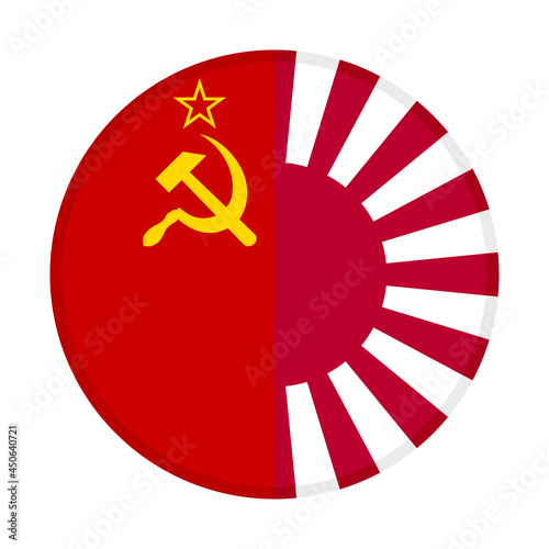 round icon with soviet union and rising sun flags, isolated on white background
