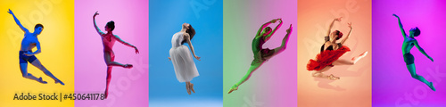 Dance of feelings. Amazing performance of one flexible male, female ballet dancer practicing isolated on color background. Concept of art, beauty, aspiration, creativity.