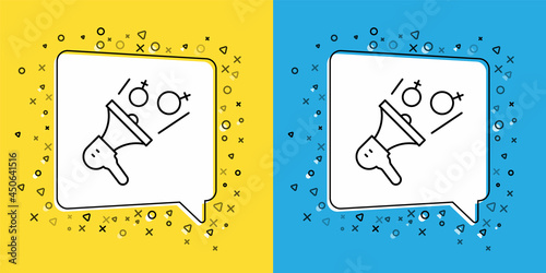 Set line Female movement, feminist activist with banner and placards icon isolated on yellow and blue background. Feminist rights movement, feminism sisterhood. Vector