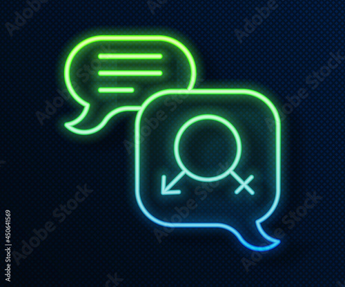 Glowing neon line Gender equality icon isolated on blue background. Equal pay and opportunity business concept. Vector