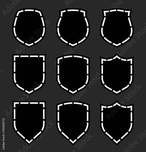 Protect guard shield plain line concept. Outline shield badge. Safety icon set. Privacy banner kit. Security label. Flat style protect sticker symbol shape. Safeguard simple sign linear pictogram