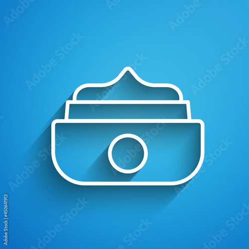 White line Gel or wax for hair styling icon isolated on blue background. Hair cosmetic. Jar with product for styling hair and mustache. Long shadow. Vector