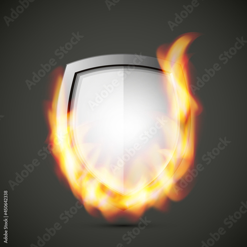 Protected guard shield concept in flame. Safety badge smoke fire icon. Privacy banner shield. Security label. Defense tag flame. Presentation sticker flame shape. defense safeguard shield smoke