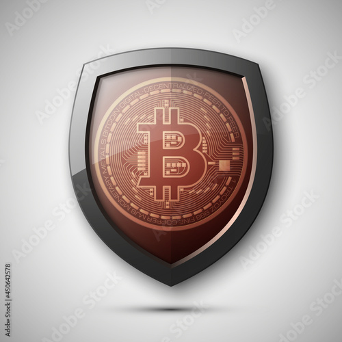 Protect HUD bitcoin. Digital shield currency money. Safe technology microchip mining worldwide network. Web banner bitcoin shield background microchip Physical protected bit coin Cryptocurrency shield