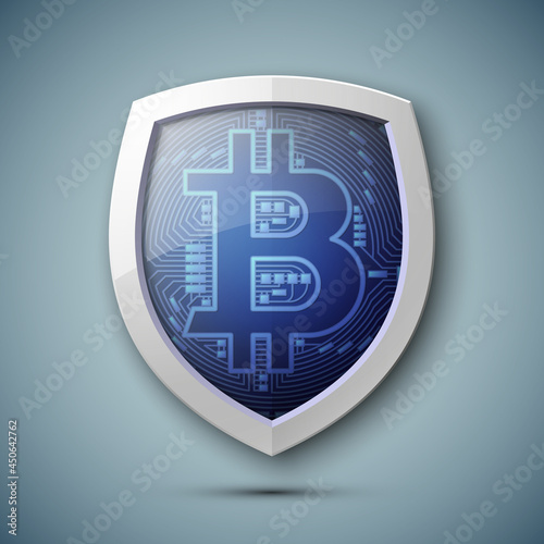 Protect HUD bitcoin. Digital shield currency money. Safe technology microchip mining worldwide network. Web banner bitcoin shield background microchip Physical protected bit coin Cryptocurrency shield