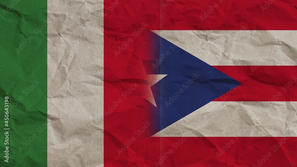 Puerto Rico and Italy Flags Together, Crumpled Paper Effect Background 3D Illustration