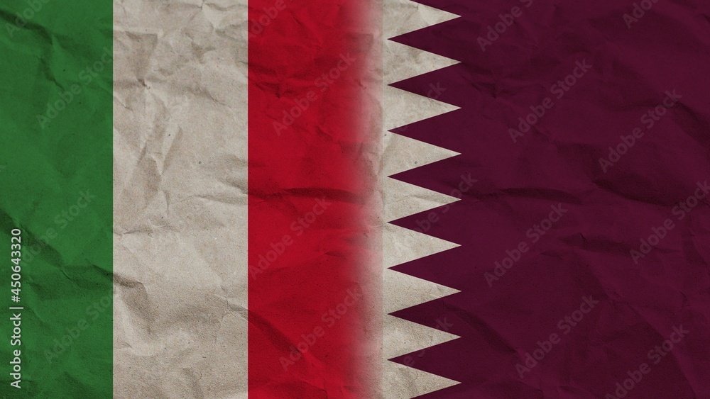 Qatar and Italy Flags Together, Crumpled Paper Effect Background 3D Illustration