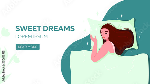 Sweet dreams banner. A woman sleeps in bed lying on a pillow and covered with a blanket. Vector hand drawn flat illustration. 