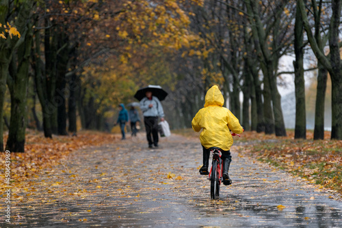 Boy in yellow raincoat rides bicycle along the alley of an autumn park. Rear view © somemeans