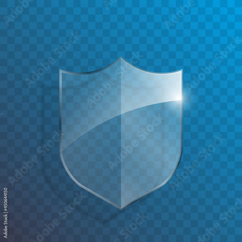 Protect guard glass shield concept. Safety badge protection icon. Privacy transparent banner shield. Security glass label. Presentation transparent sticker shield. Defense safeguard sign badge