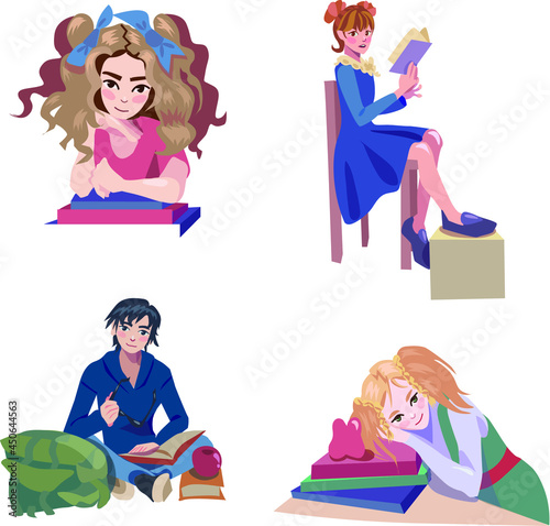 children reading book pupils human school illustration vector art clip art flat