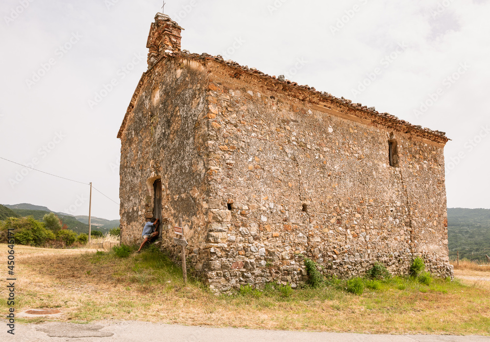 Sant'Angelo a Fasanella (Italy), view of the countryside chapel, chapel of San Vito. Cilento. Countryside architecture. Stone architecture.