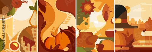 Set of Thanksgiving posters in flat style. Different postcard designs.