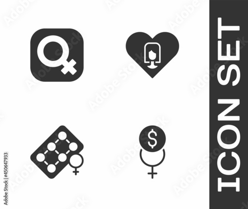 Set Feminism finance, Female gender, Packaging of birth control pills and Heart with female icon. Vector