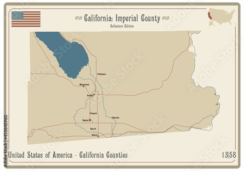 Map on an old playing card of Imperial county in California, USA. photo