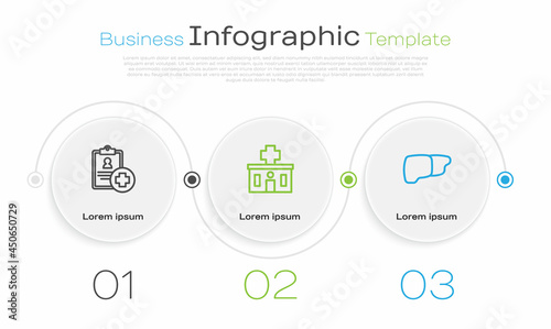 Set line Patient record, Hospital building and Human organ liver. Business infographic template. Vector