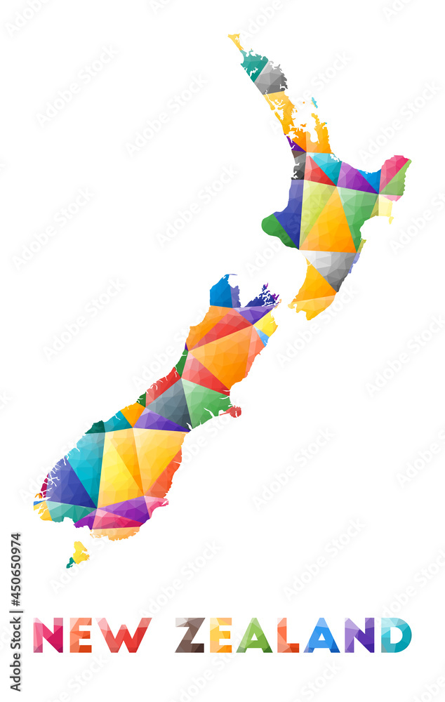 Obraz premium New Zealand - colorful low poly country shape. Multicolor geometric triangles. Modern trendy design. Vector illustration.