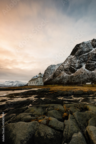 church and mountain photo