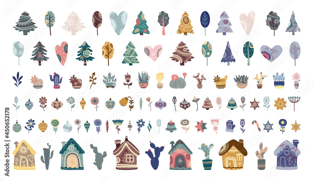 Collection of patterned illustrations. Trees, plants, houses and Christmas toys with abstract ornaments.