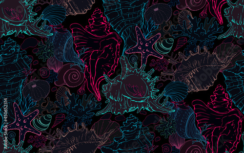 Vector seamless hand drawn pattern, isolated colorful line art of sea shells, corals and starfishes on black background. Endless texture with marine elements silhouettes.