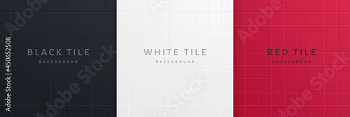 Set of abstract 3dblack, white and red color square tile pattern design. Collection of geometric background with space for your text. Minimal wall scene studio room design. Vector illustration