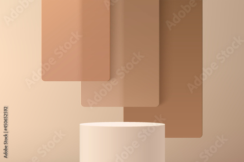 Fototapeta Naklejka Na Ścianę i Meble - Abstract 3D beige cylinder pedestal or stand podium with brown square glass overlap layers backdrop. Brown minimal wall scene for product display presentation. Vector geometric rendering platform.
