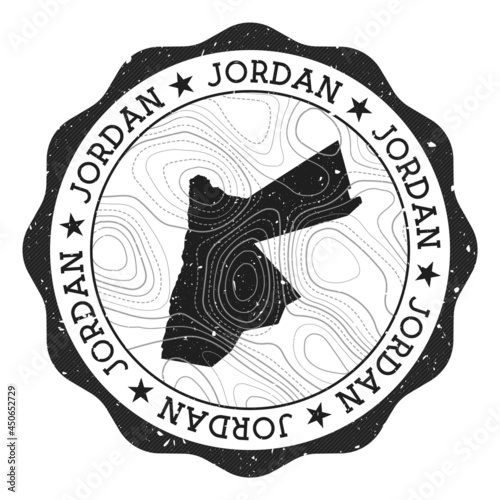 Jordan outdoor stamp. Round sticker with a map of the country featuring topographic isolines. Vector illustration. Can be used as an insignia, logotype, label, sticker, or badge of Jordan.