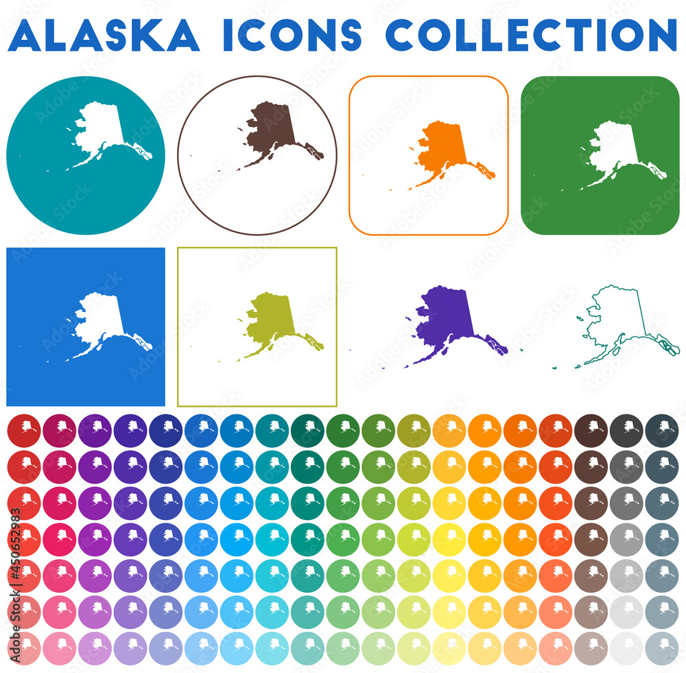 Alaska icons collection. Bright colourful trendy map icons. Modern Alaska badge with us state map. Vector illustration.