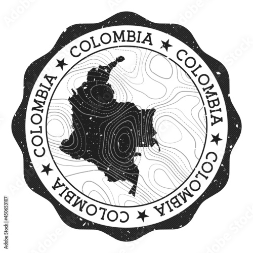 Colombia outdoor stamp. Round sticker with a map of the country featuring topographic isolines. Vector illustration. Can be used as an insignia, logotype, label, sticker, or badge of Colombia.