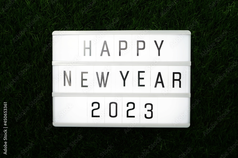 2023 Happy New Year word in light box flat lay on green grass background