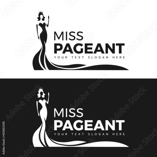 miss pageant logo - black and white The beauty queen pageant in long evening gown wearing a crown and motion hand vector design