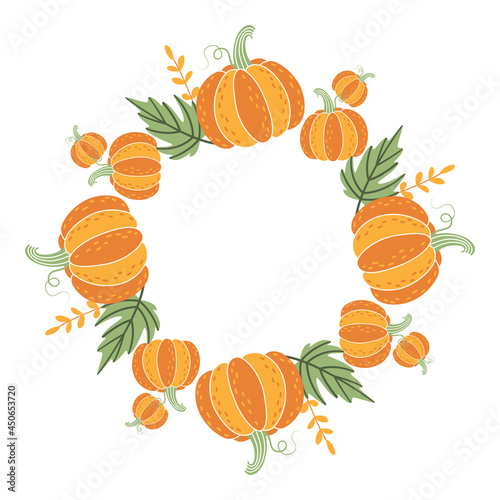 Unusual decorative round frame of pumpkins and fallen leaves. Autumn vegetable wreath for harvest day, Thanksgiving, Halloween. Simple clipart, element, object for design of invitations, postcards