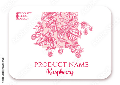Raspberry. Ripe berries on branch. Template for product label, cosmetic packaging. Easy to edit. Graphic drawing, engraving style. Vector illustration..